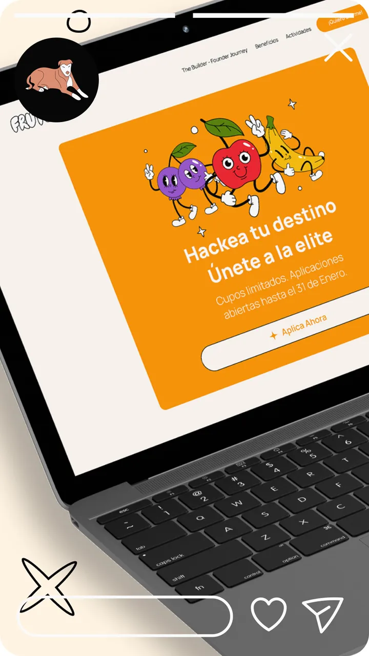 Historia de Instagram: landing page naranja con personajes de frutas, vista en una laptop