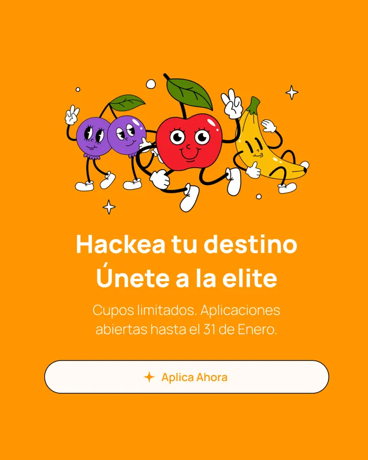 Convocatoria “Hackea tu destino, únete a la elite” con personajes de frutas